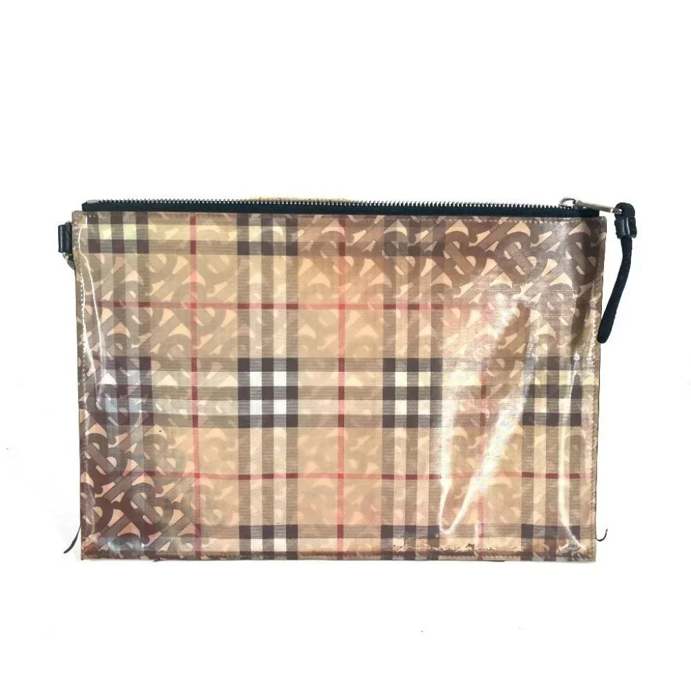 BURBERRY Logo Check TB pouch bag with strap Clutch bag Nylon Beige/Black - Picture 1 of 15
